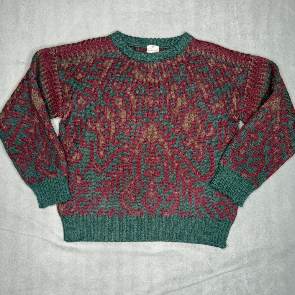 Neiman Marcus Vintage Intarsia Knit Sweater Large Green Burgundy Geometric